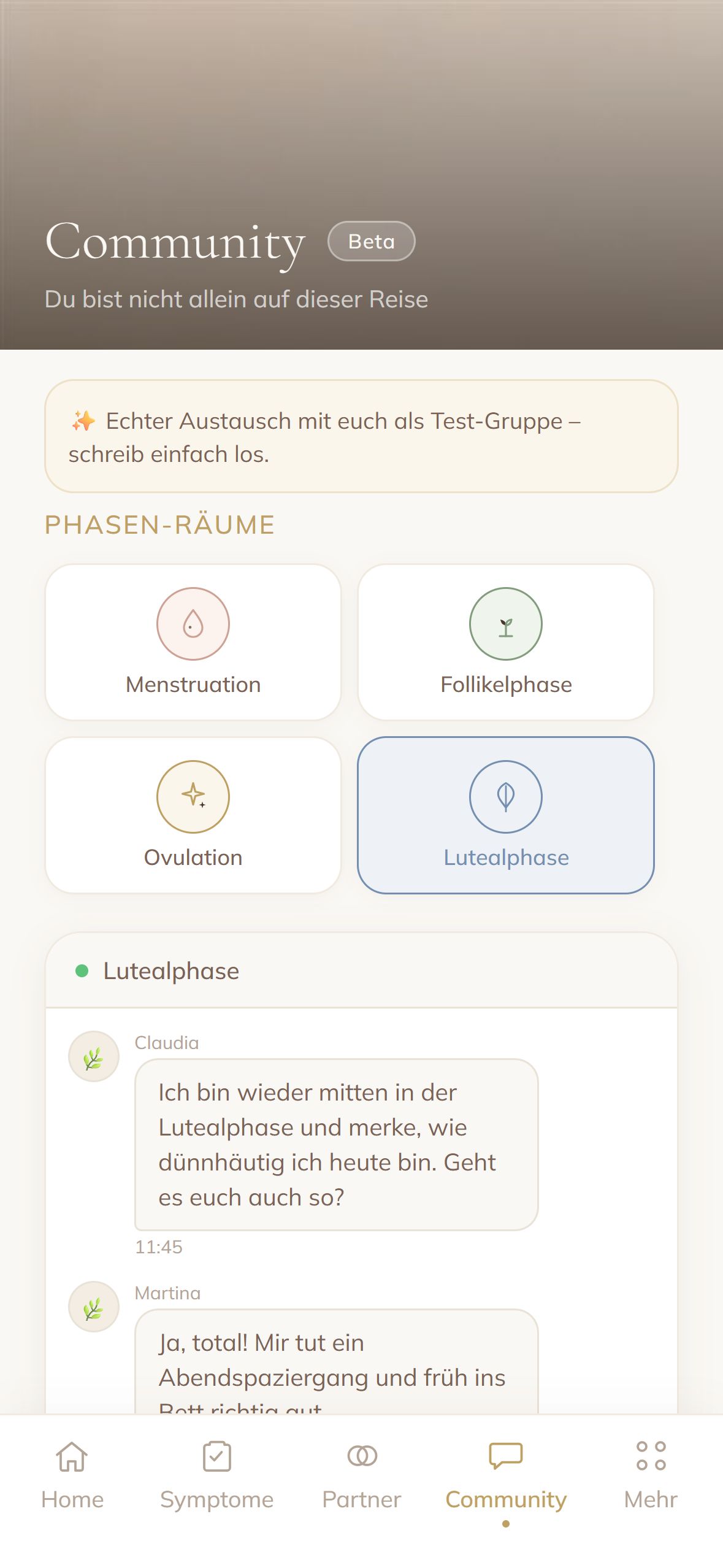 Community: Phasen-Räume und Beispiel-Nachrichten im Raum Lutealphase