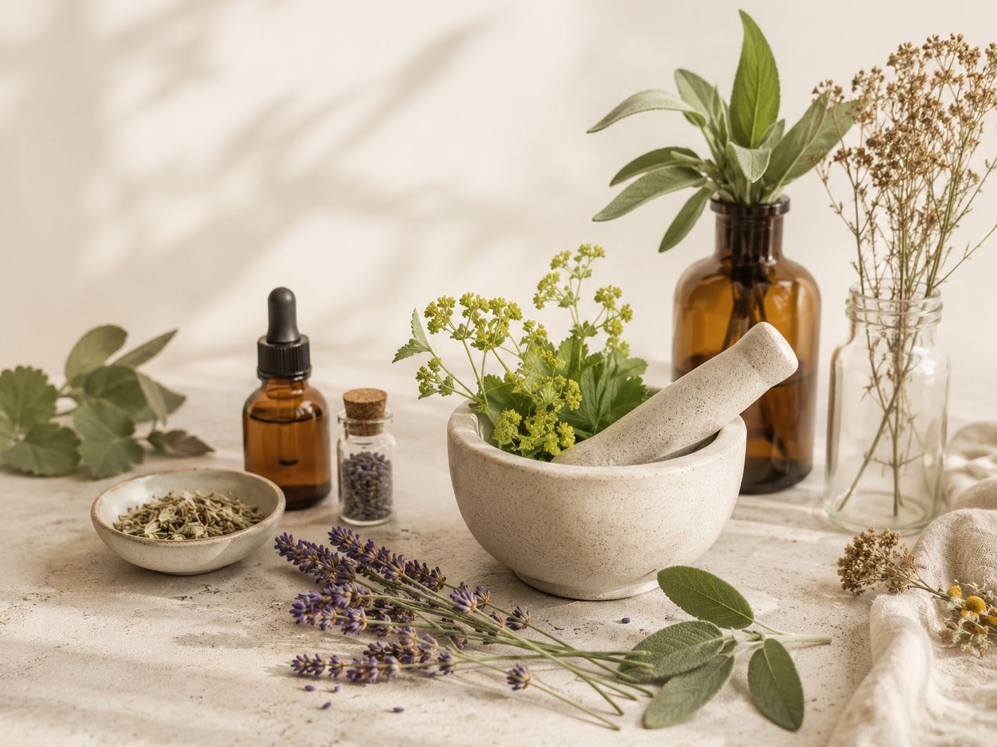 Mörser mit frischen Kräutern, Lavendel und braune Apothekerfläschchen